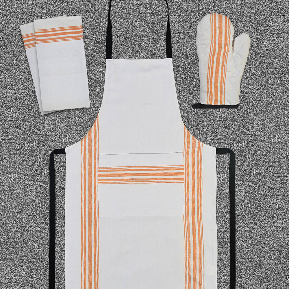 Striped apron set with matching napkins and oven mitt