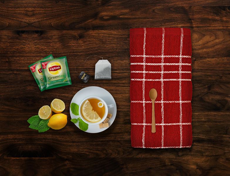 Folded red checked kitchen towel