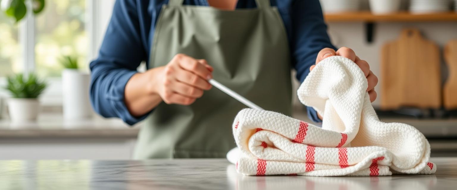 Person folding a white kitchen towel with red stripes
