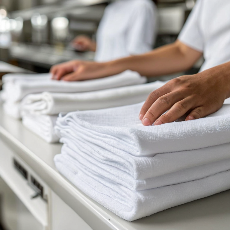 Folded white kitchen towels being inspected in production