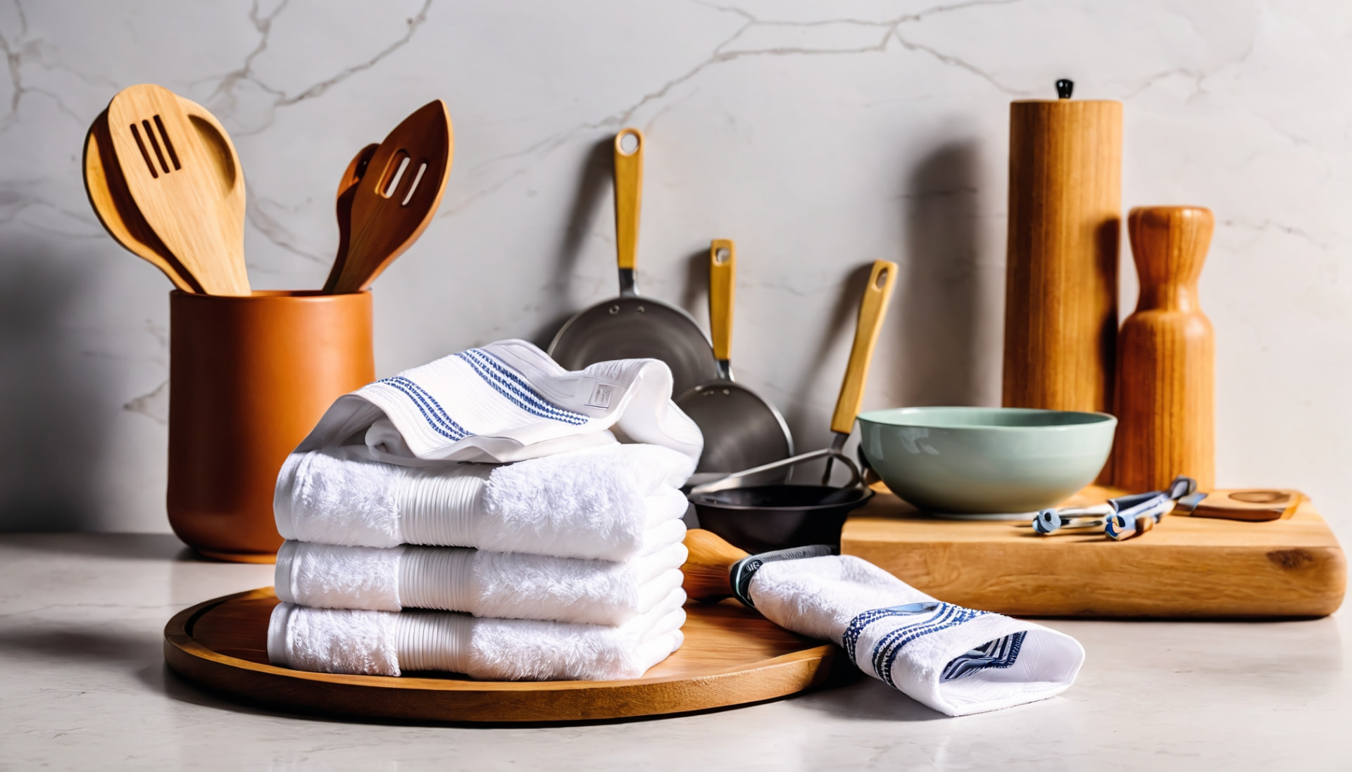 Stack of white kitchen towels with blue borders