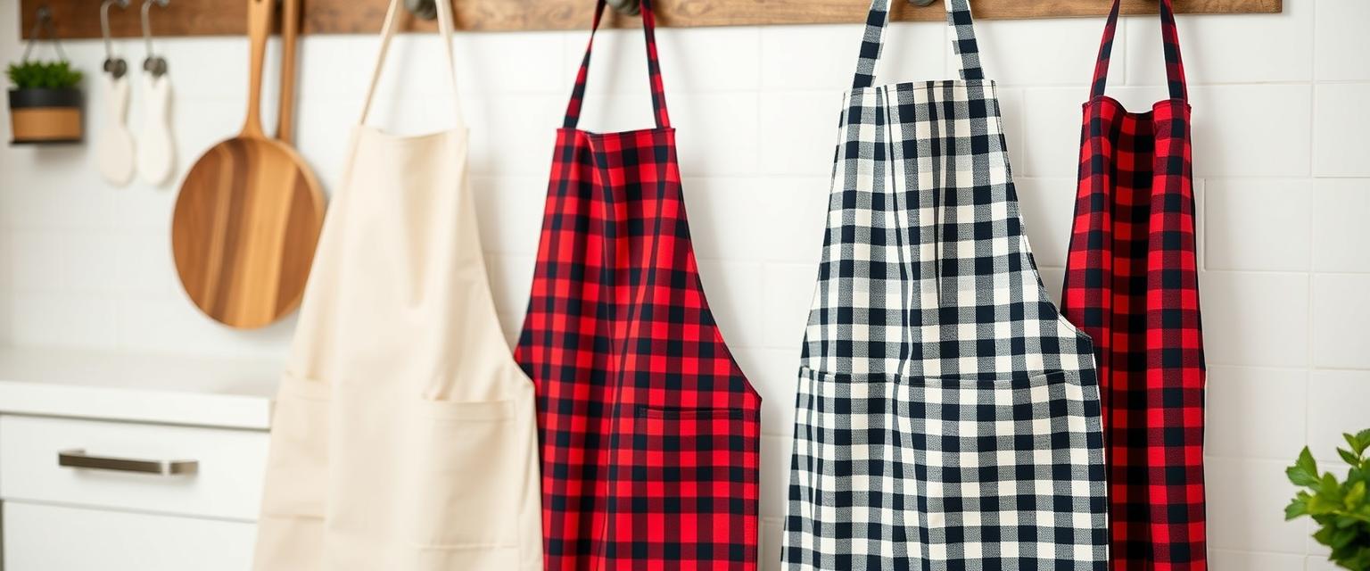 Checked aprons hanging on a kitchen rail