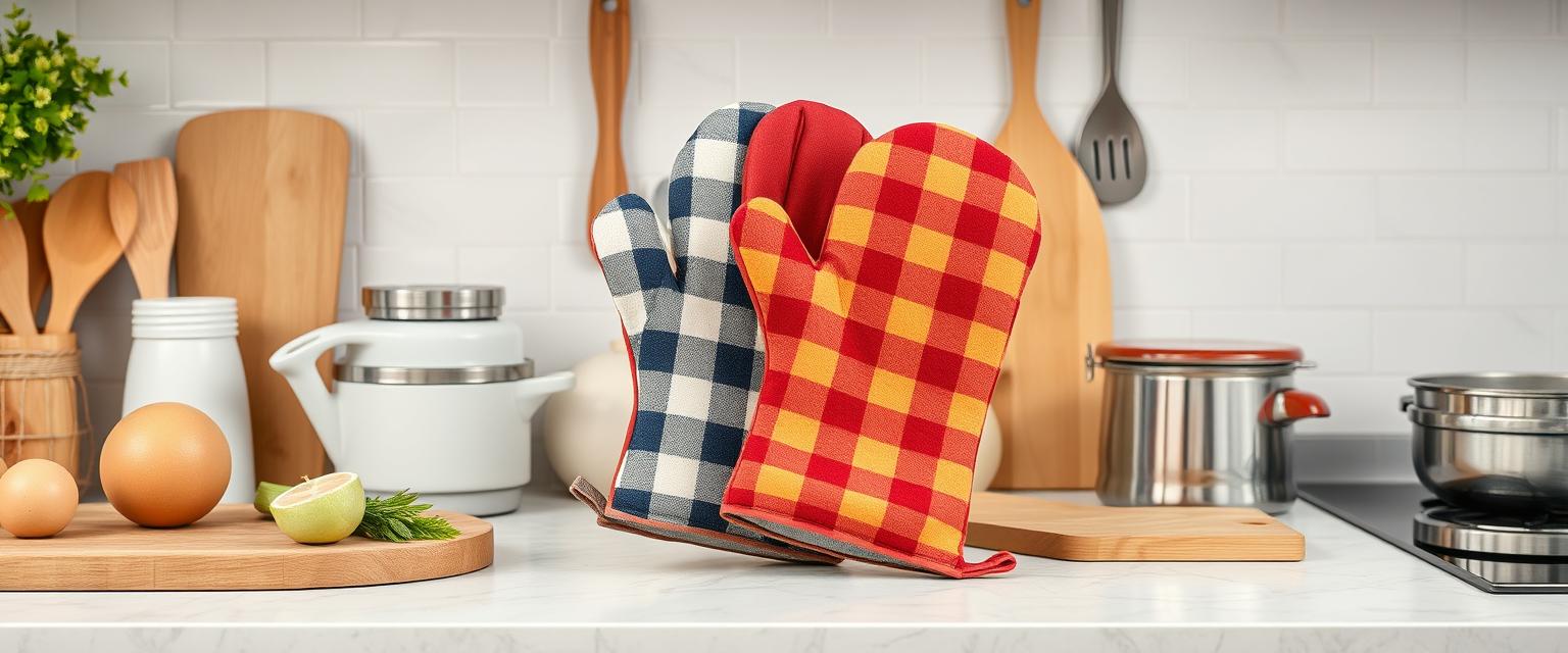Checked oven mitts on a kitchen counter